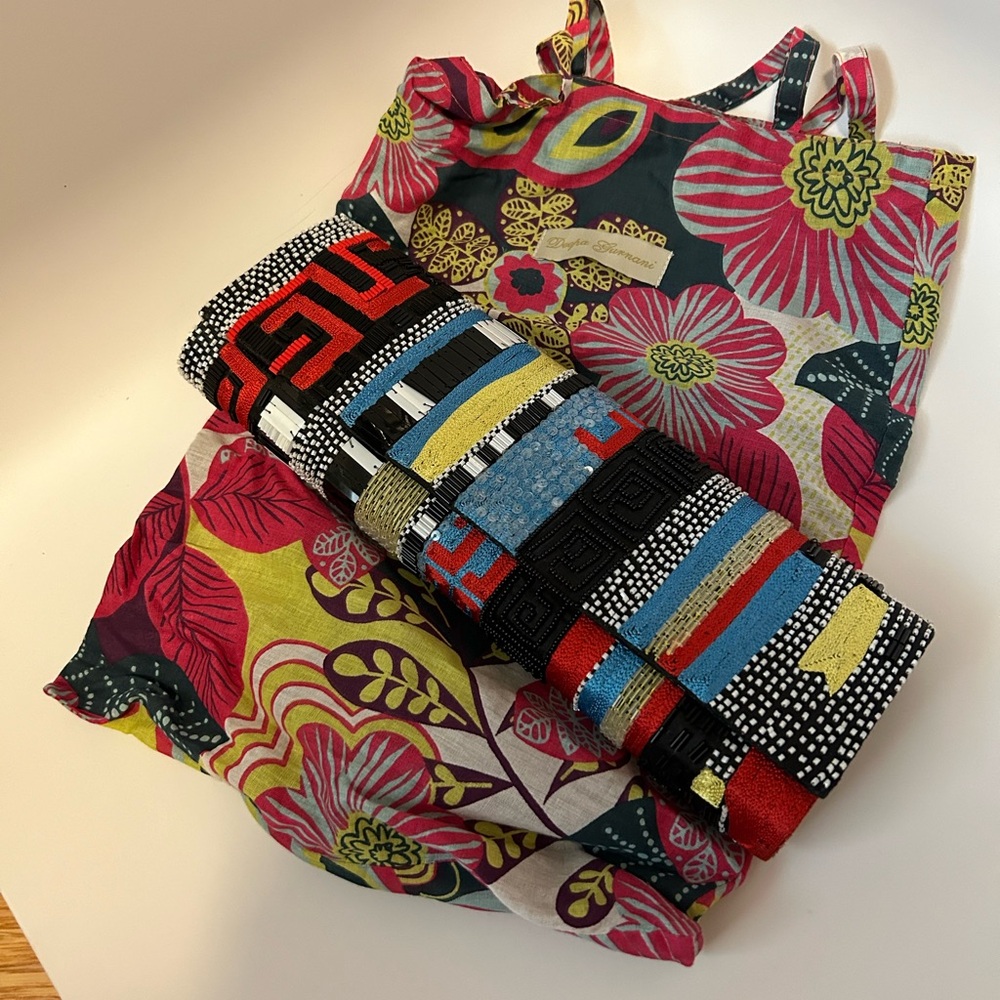 Beaded clutch with shoulder strap chain Deepa Gurnani multicolor embellished